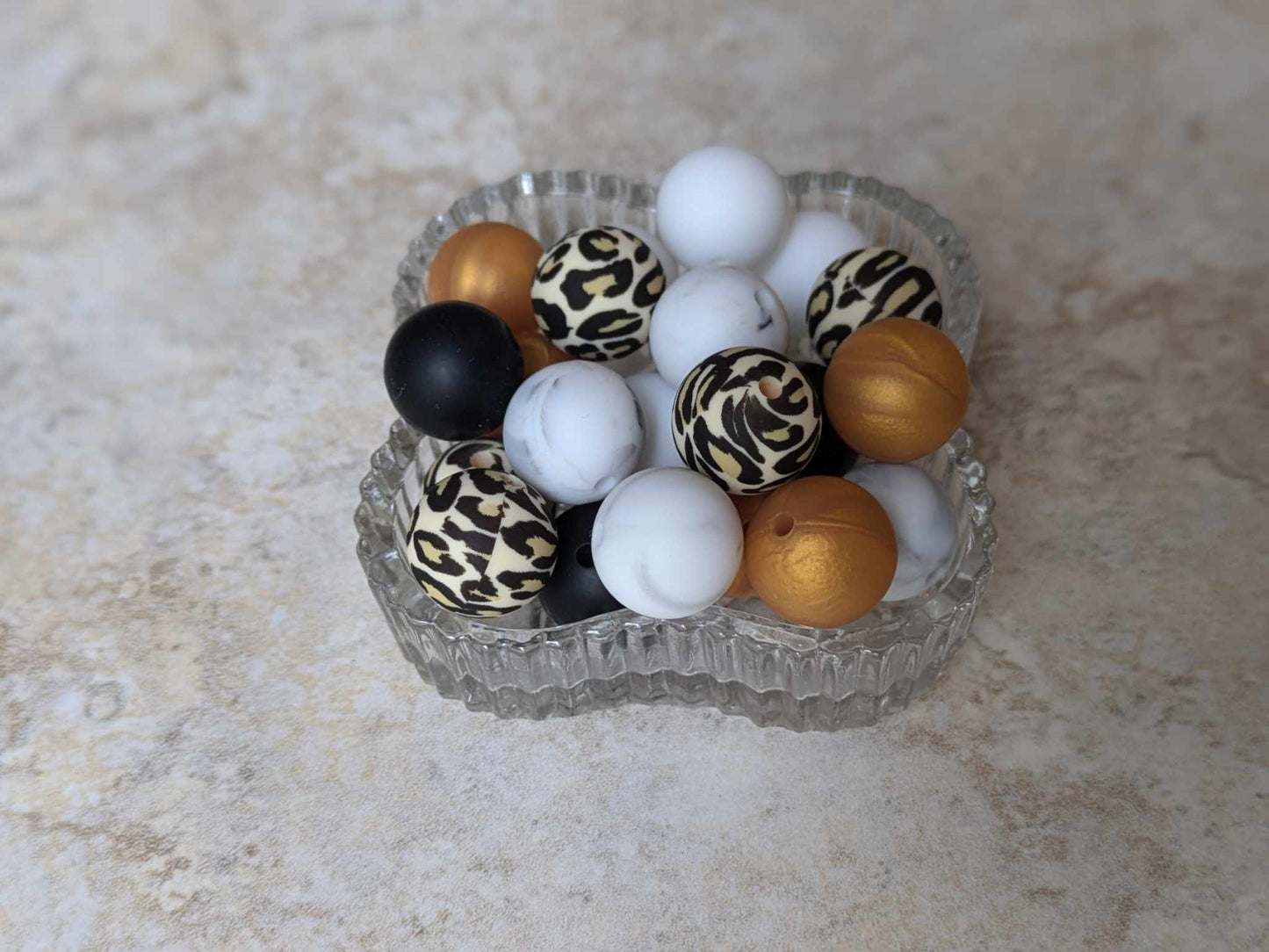 15mm Silicone Bead Set - 25 pcs - Leopard, Gold, Marble, White, Black