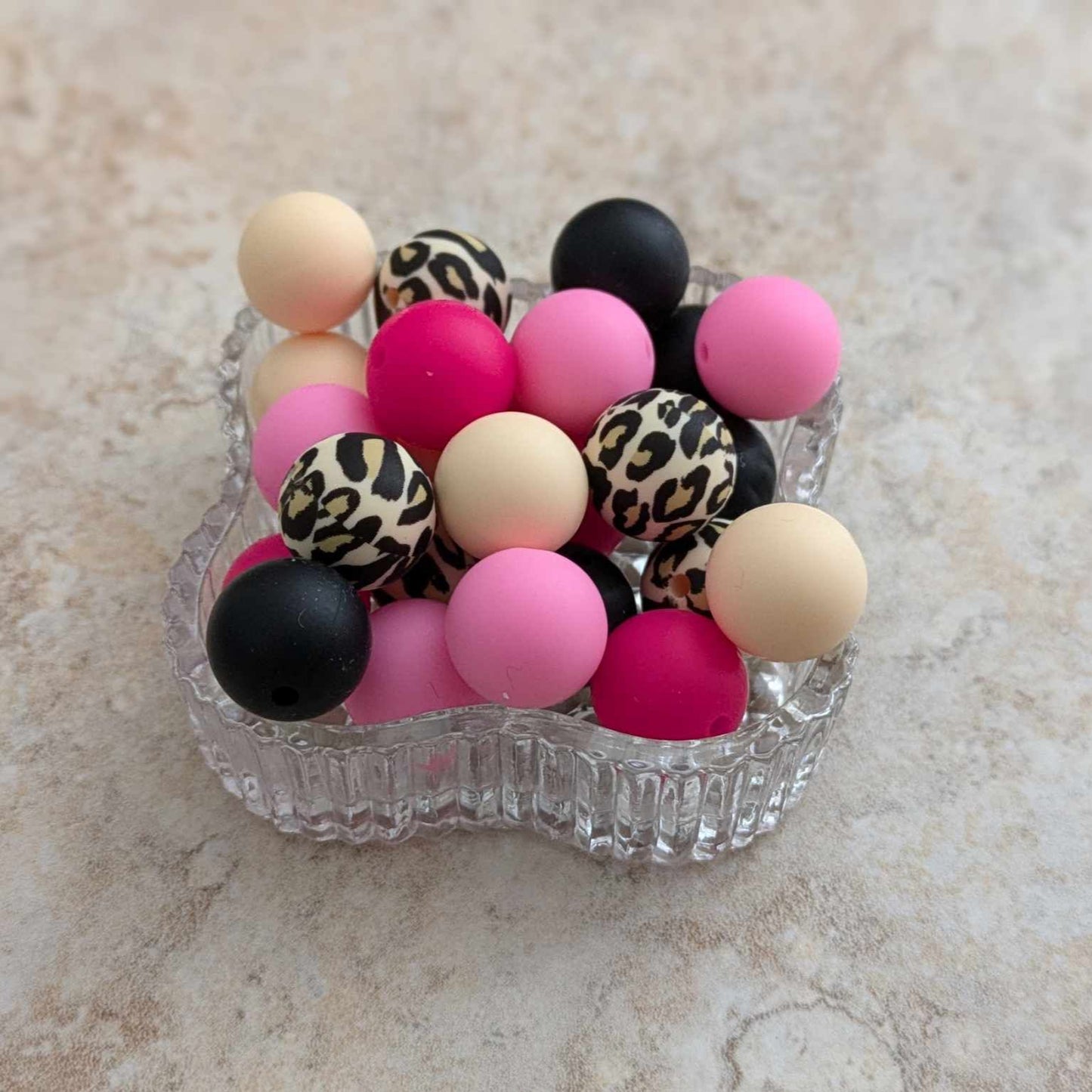 15mm Silicone Bead Set - 25 pcs - Leopard, Beige, Black, Pinks