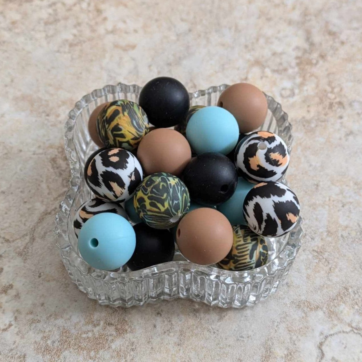 15mm Silicone Bead Set - 25 pcs - Leopard, Turquoise, Black, Tan, Fiery Print