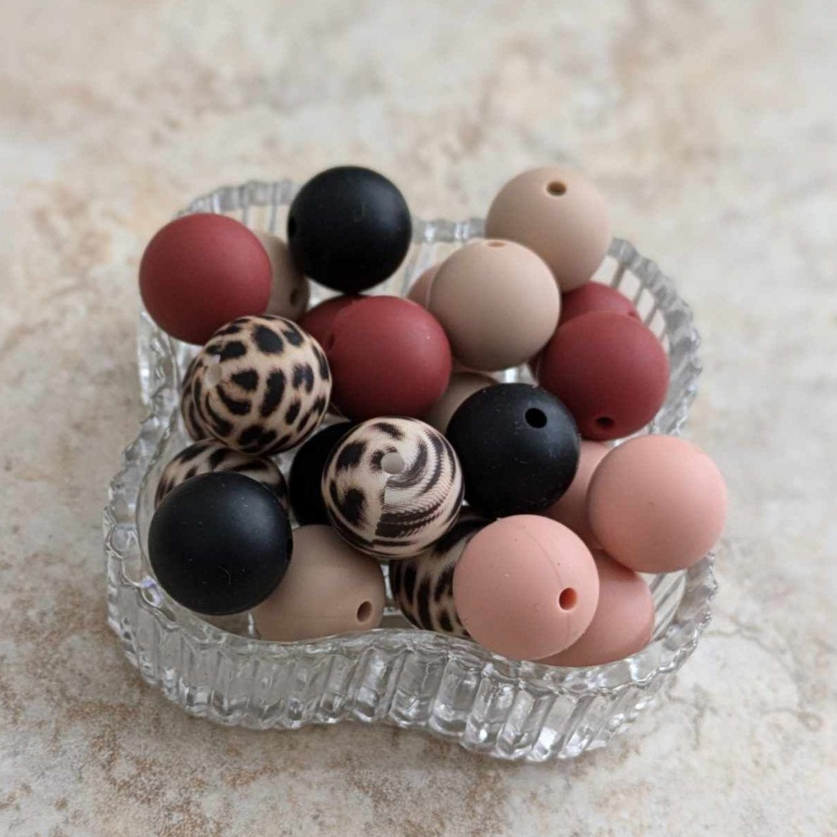 15mm Silicone Bead Set - 25 pcs - Leopard, Maroon, Tan, Mauve, Black