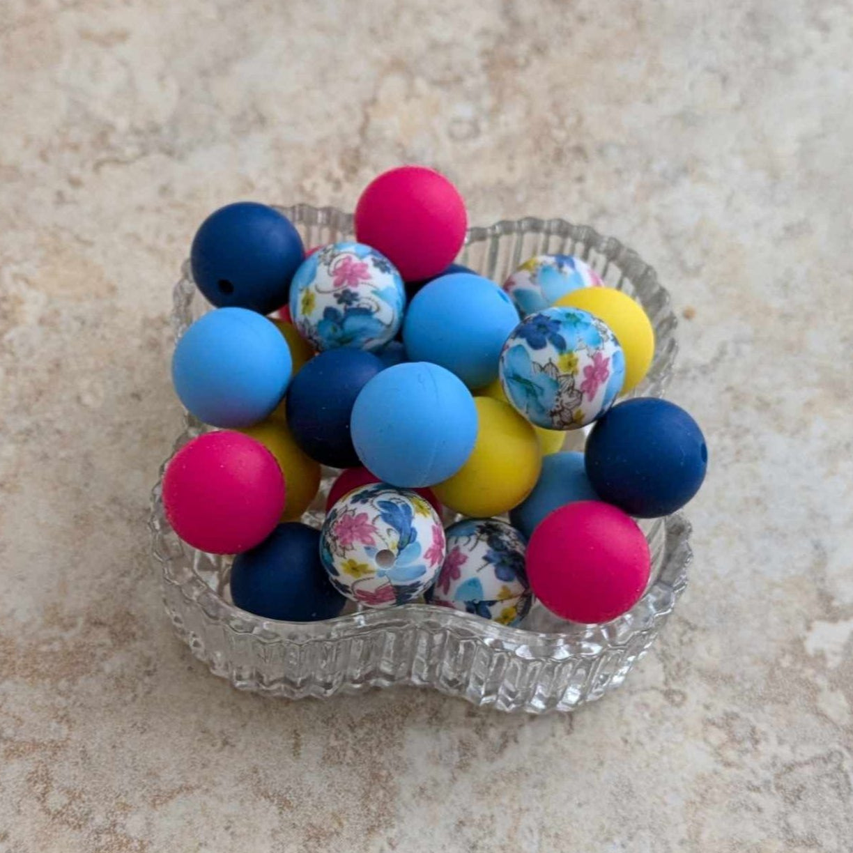 15mm Silicone Bead Set - 25 pcs - Pink, Blues, Yellow, Floral