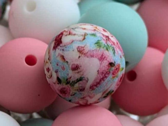 15mm Silicone Bead Set - 25 pcs - Pinks, White, Turquoise, Piggy Floral
