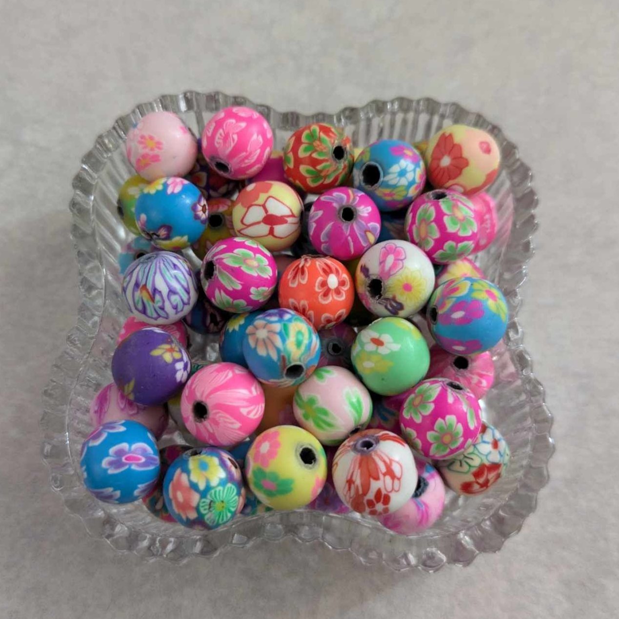10 mm Clay Polymer Floral Print Round Beads - sets of 50 or 100