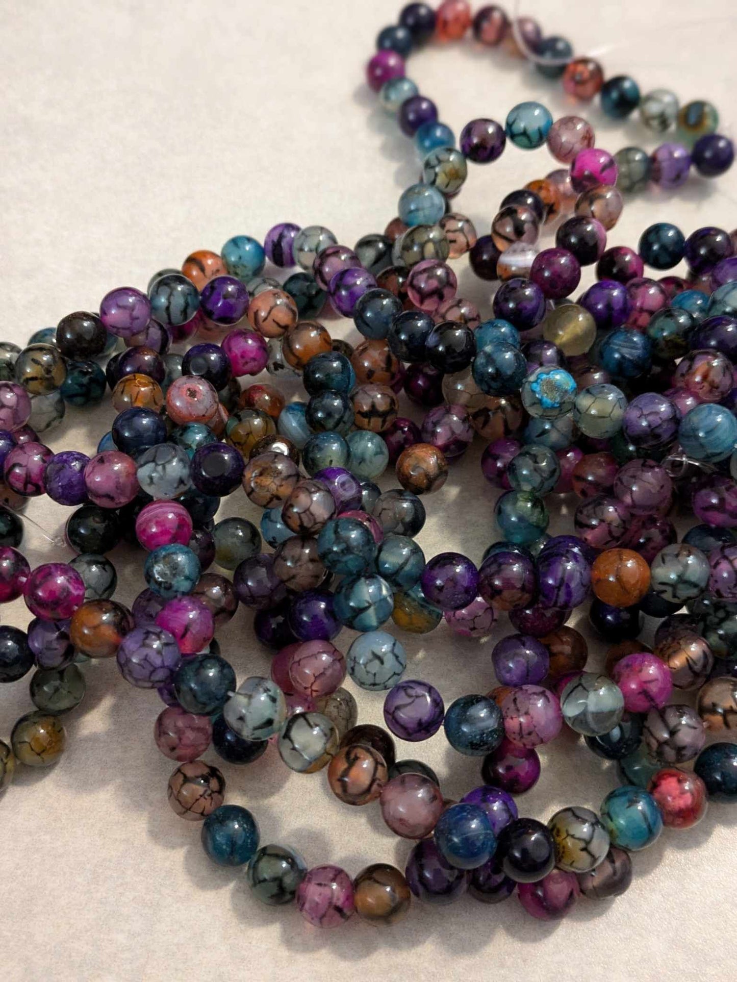 8mm Black Line Tourmaline Dragon Agate Beads - 15" Strand