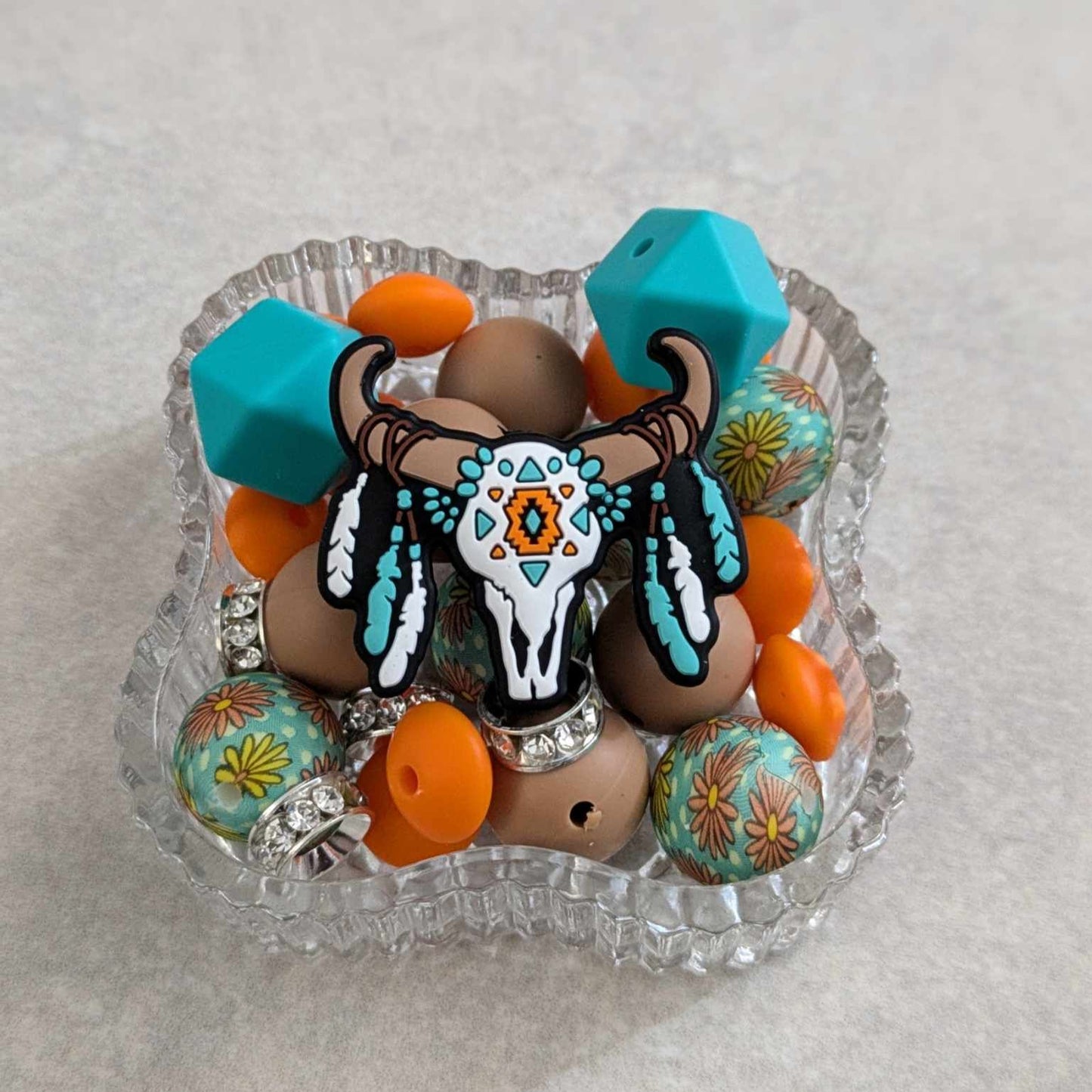 Southwestern Silicone Bead set with focal bead - 27 piece set - Steer Head Focal
