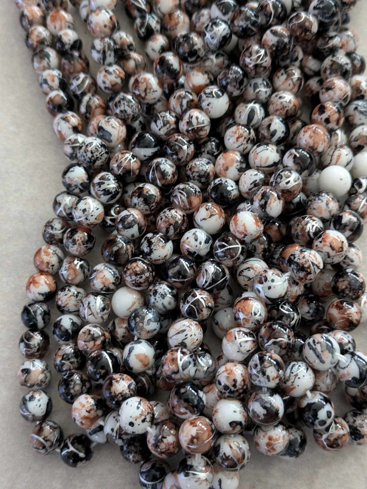 8mm Natural Stone Polished Beads - Brown, Black, & White - 15" strand