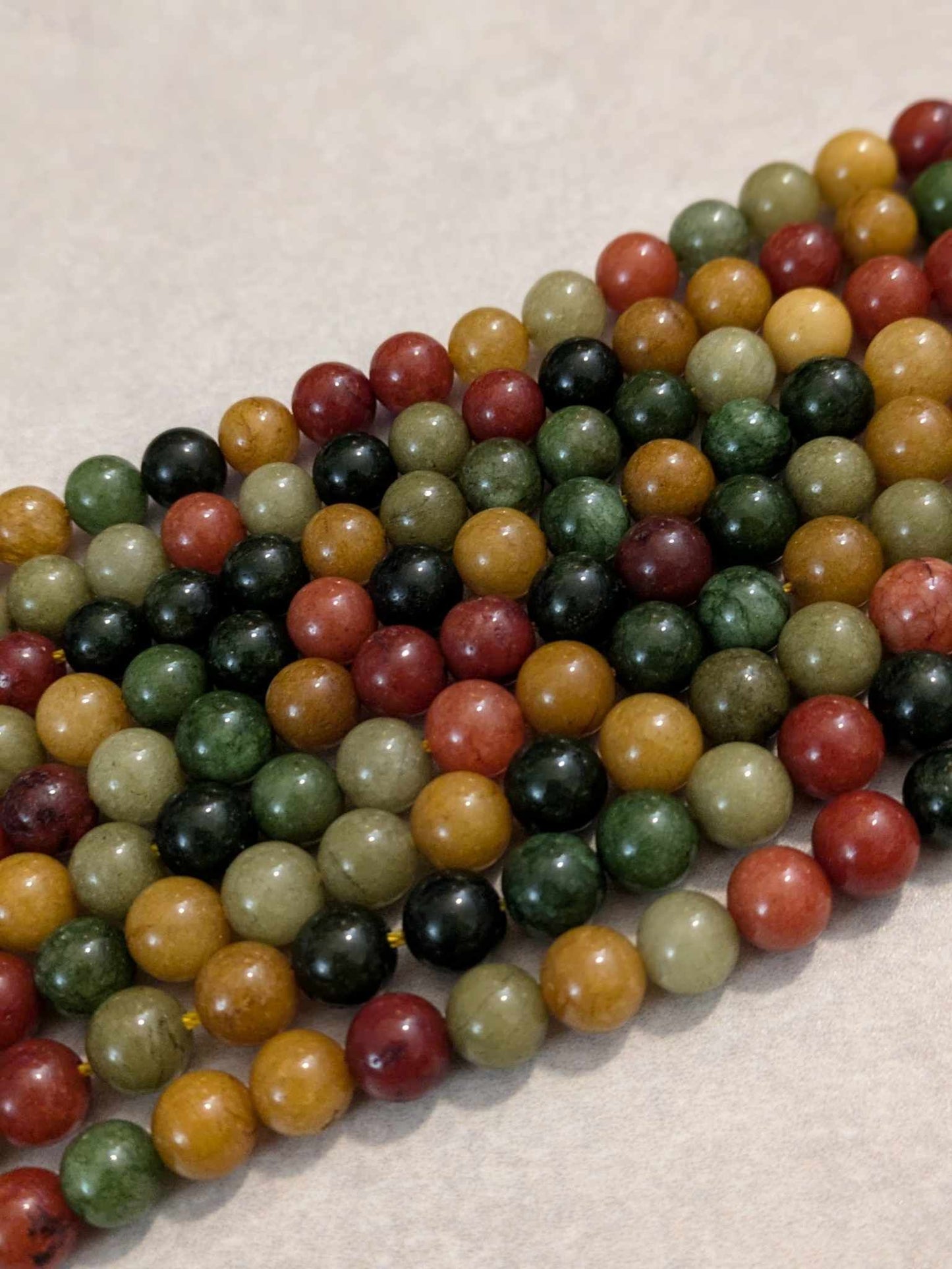 8mm Natural Stone Beads - Green, Mustard, Burgundy shades - 15" Strand