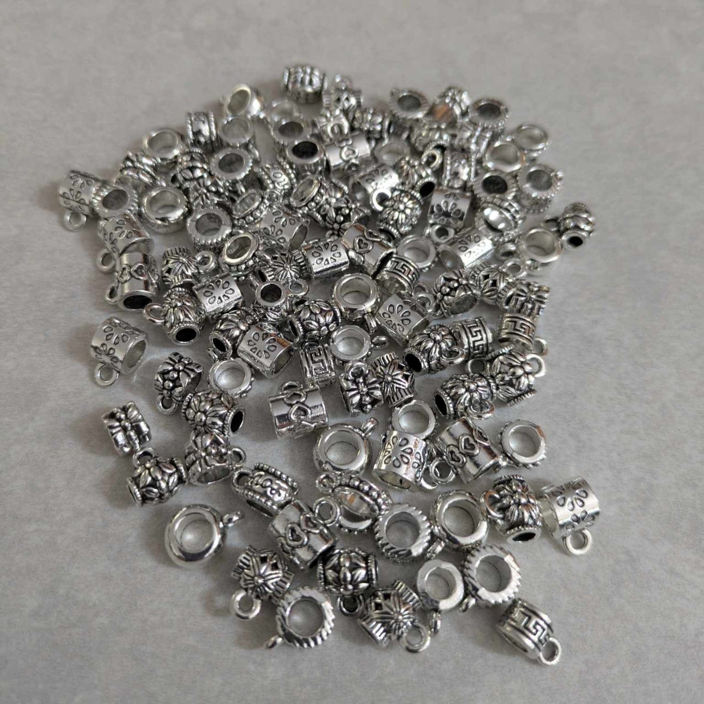 Assorted Bail Beads - 100 pcs - Silver Tone