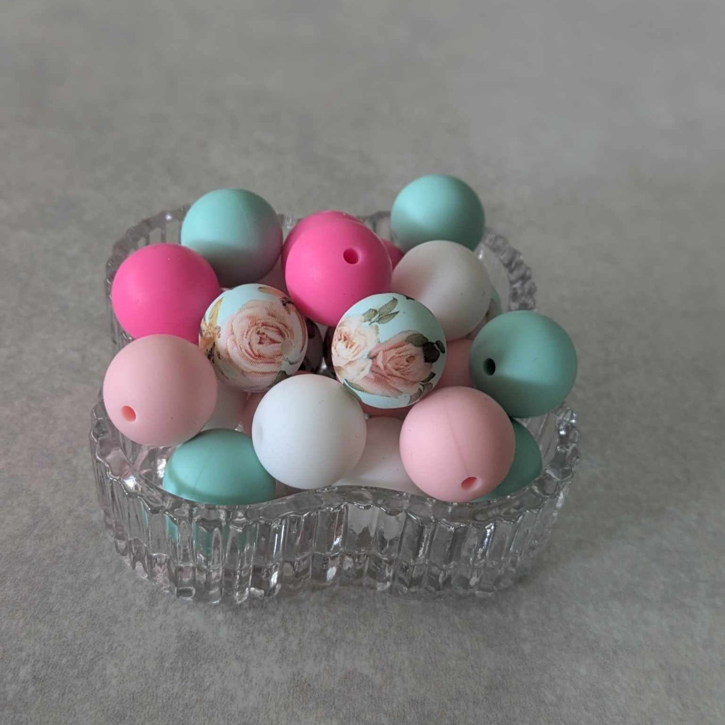 15 mm - silicone bead set - 25 pcs - Floral, Light Turquoise, White, Pinks