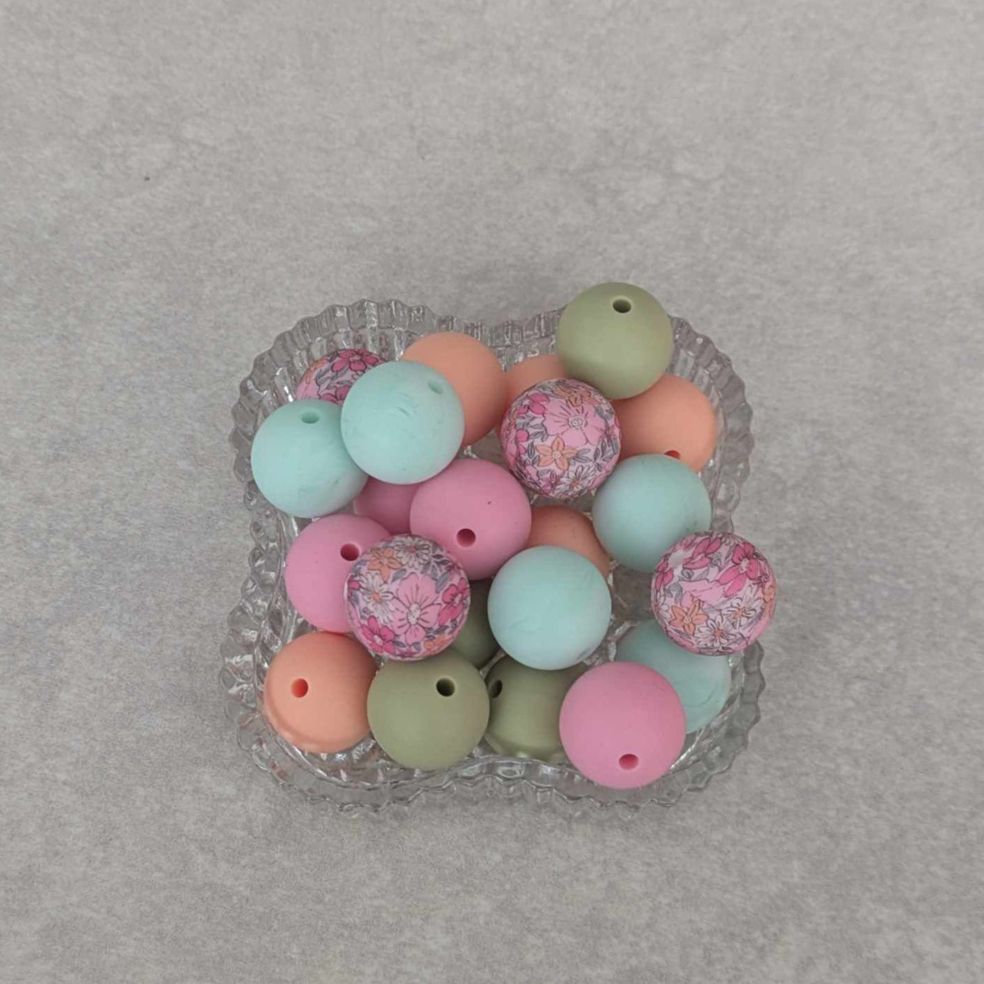 15 mm - silicone bead set - 25 pcs -Sage, Pink, Pink Floral, Peach, Sea Green Marble