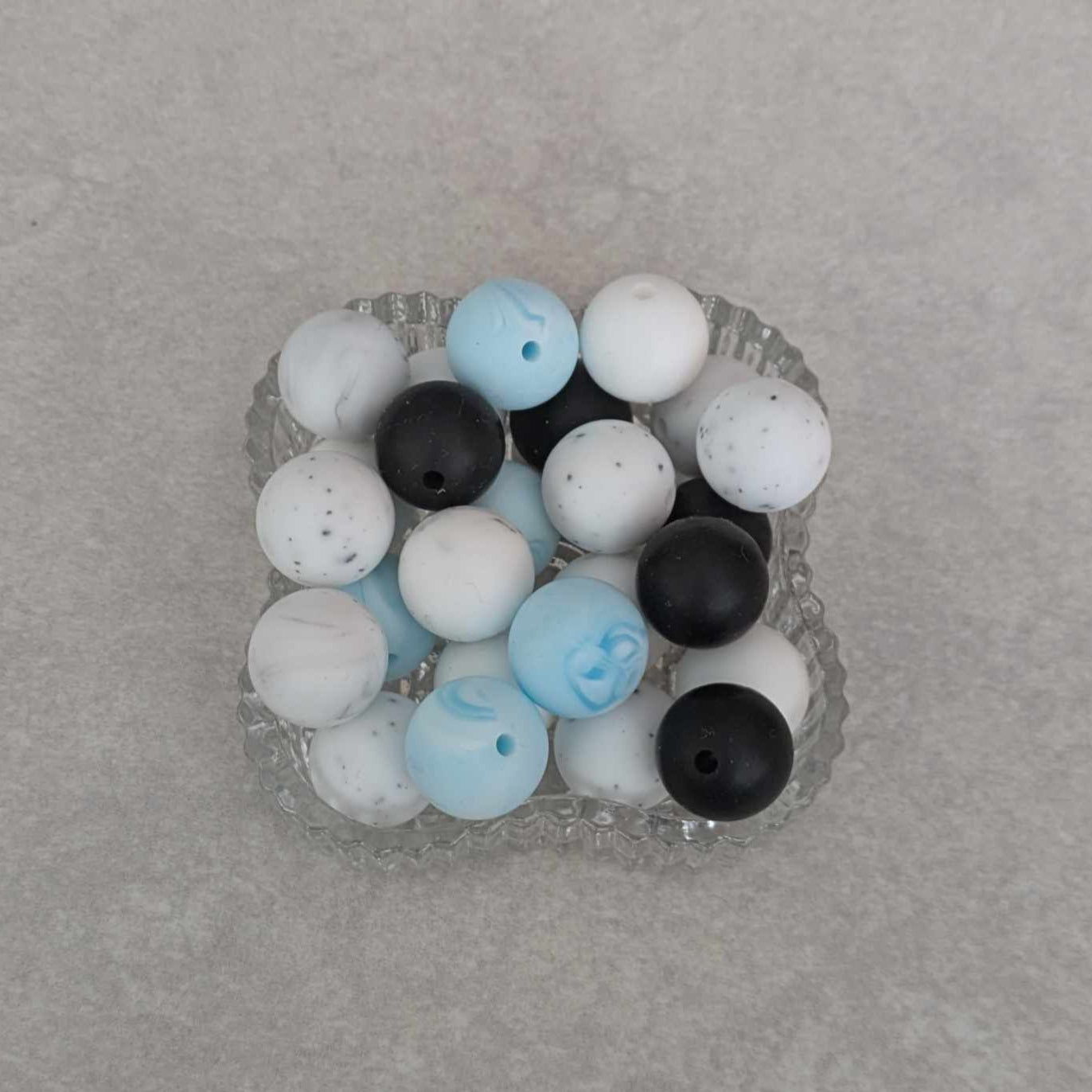 15 mm - silicone bead set - 25 pcs - White, Marble, Speckled, Blue Swirl, Black