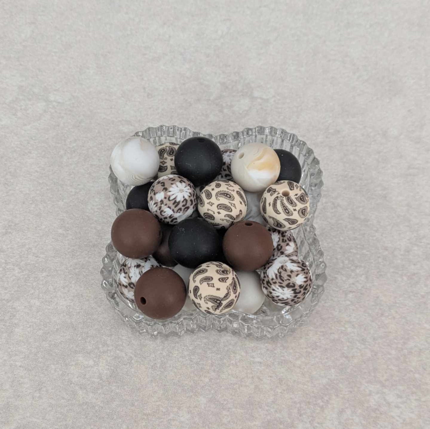 15 mm - silicone bead set - 25 pcs - Brown/Cream Designs, Marbled, Black