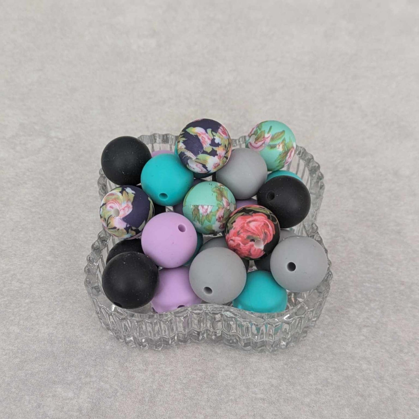 15 mm - silicone bead set - 26 pcs - Florals, Lavender, Gray, Turquoise, Black