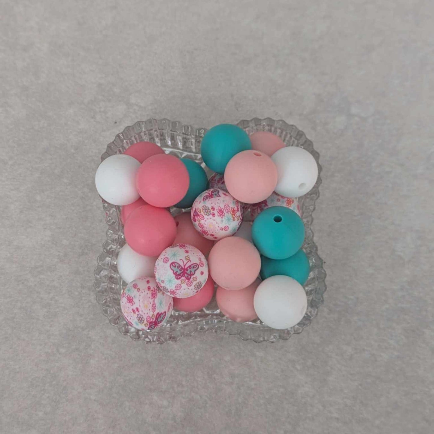 15 mm - silicone bead set - 25 pcs - Floral Butterfly, Turquoise, Light Pink, Pink, White