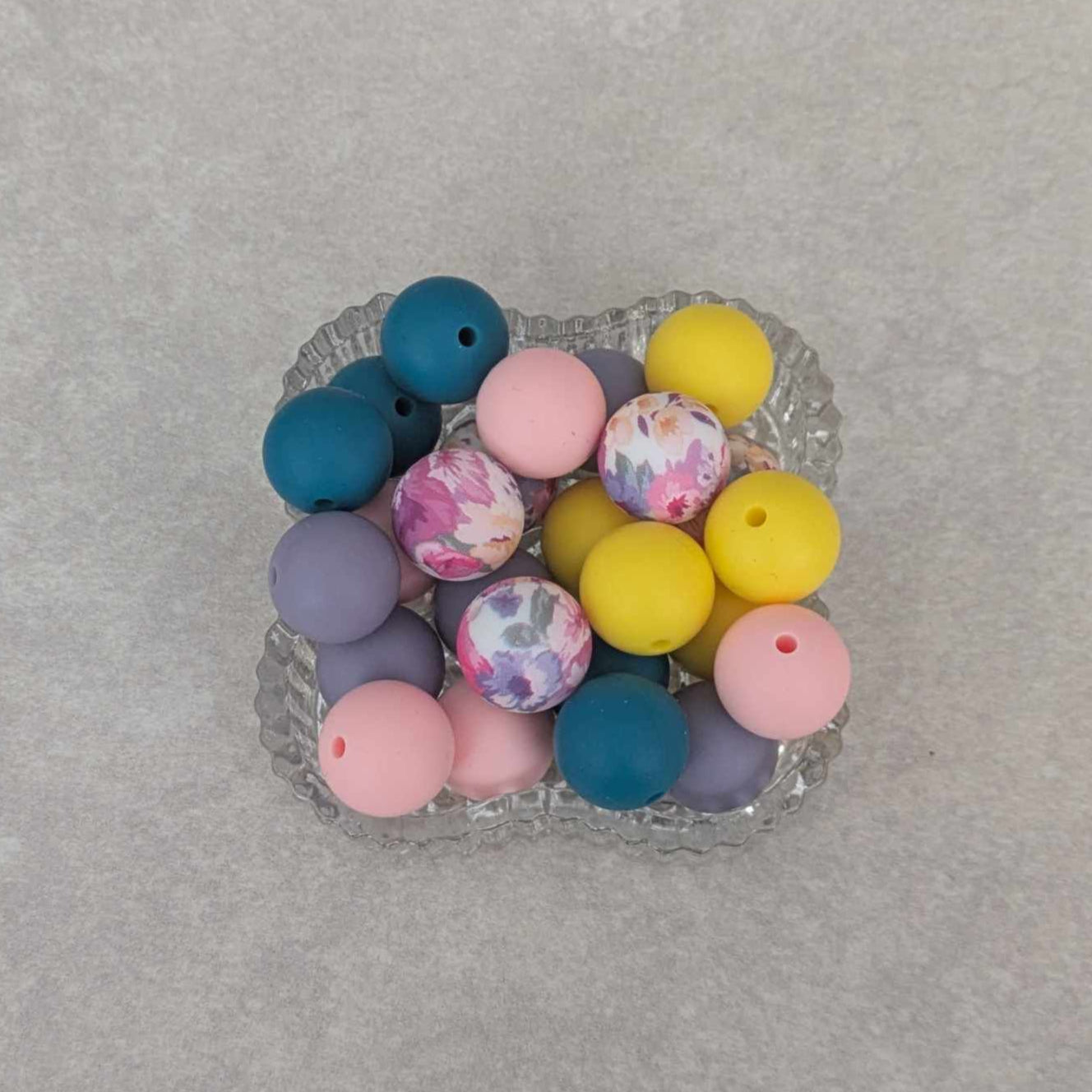 15 mm - silicone bead set - 25 pcs - Floral, Purple, Dark Turquoise, Yellow, Pink