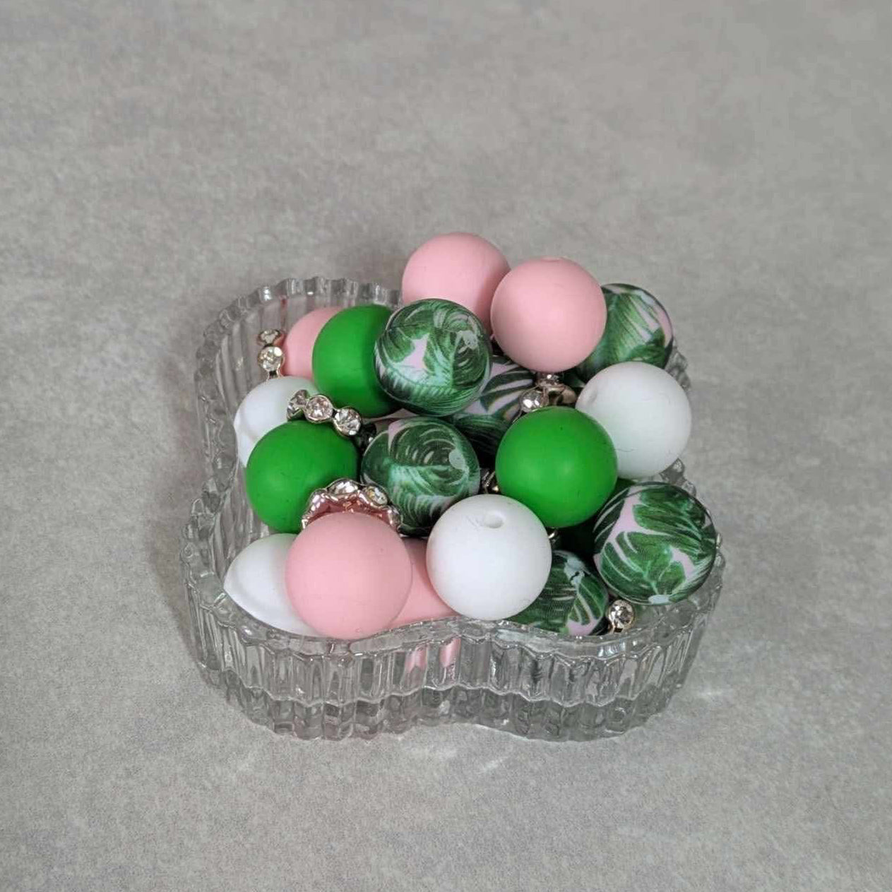 Silicone Bead Set - 30 pcs - Green Floral, Pink, White, Green and Rondelles