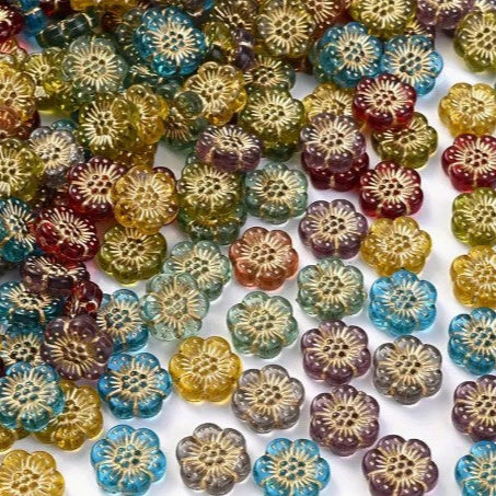 50pcs 12mm Vibrant Acrylic Plum Blossom Beads with Vintage Golden Edge