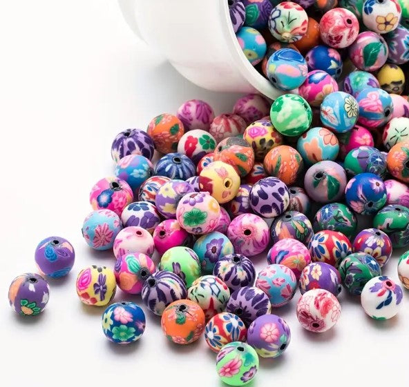 6 mm Clay Polymer Floral Print Round Beads - sets of 50 or 100