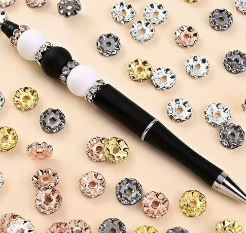 12mm Black Silver Rhinestone Wavy Rondelles - 30 pcs