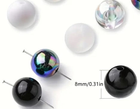 100pcs 8mm Acrylic Beads Assortment - Black, White, Clear, Frosted, AB, UV Styles