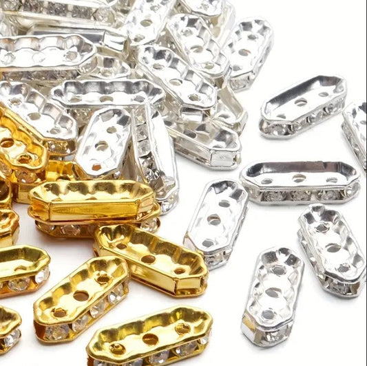 Silver or Golden 3 Hole Rectangular Rhinestone Spacer Beads - 50 pieces